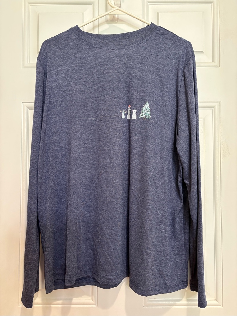 Women’s Long-Sleeve Crewneck Shirt - Heather Navy with Snowmen Graphic, Size XXL